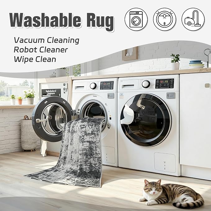 Area Rug 6x9 Living Room Rug Washable: No-Slip Abstract Soft Thin Large Gray - Image 2