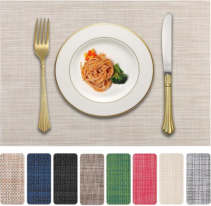 Vinyl Placemats Set of 4, PVC Woven Washable Non-Slip Table Mats, Heat by LANDVIEW