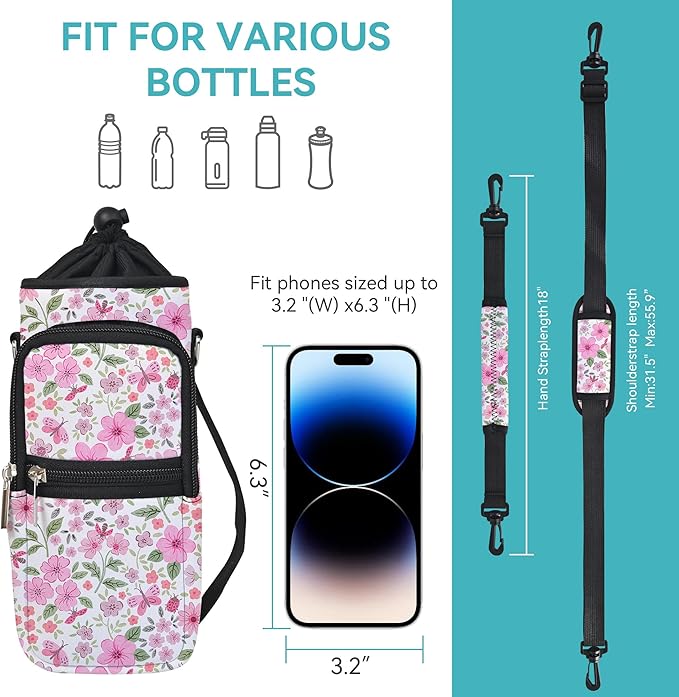 icolor Water Bottle Carrier Bag with Strap 25/32/40 oz Crossbody Bottle Holder with Phone Pocket Sling Sleeve Insulated Neoprene Water Bottle Pouch for Walking Travelling
