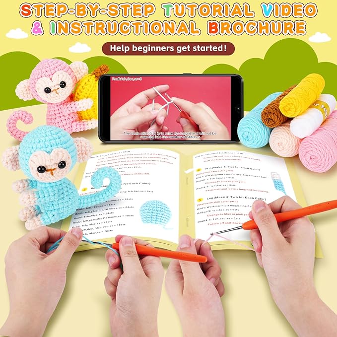 Crochet Kit for Beginners - 2 PCS Monkey with Banana Crochet Kits with Step-by-Step Video Tutorials, Beginner Crochet Kit for Adults, Crochet Monkey Kit for Kids (Blue & Pink)