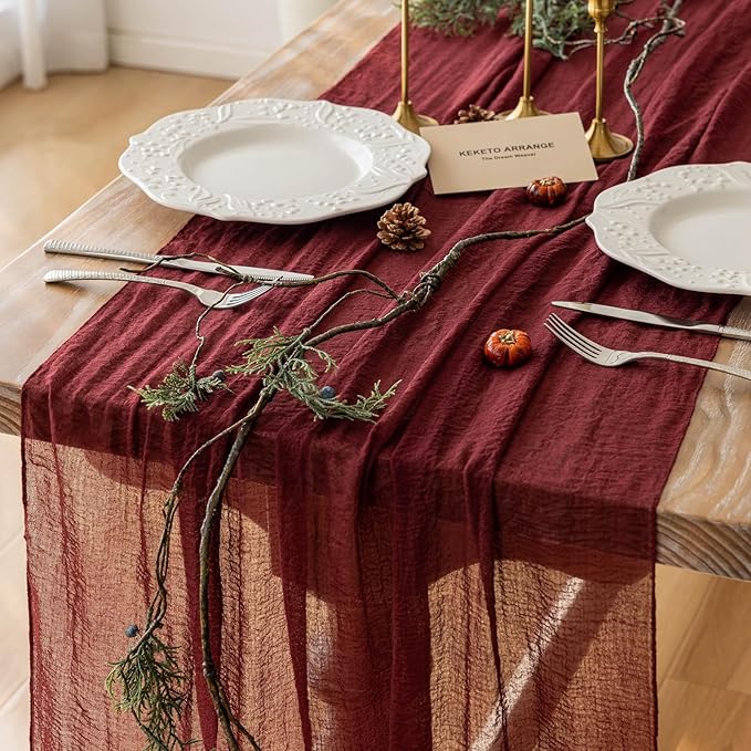 Burgundy Cheesecloth Table Runner 120 Inches by KEKETOARRANGE