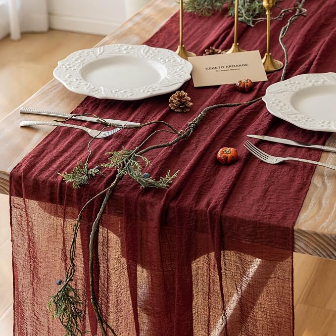 10Pcs Burgundy Cheesecloth Table Runner 120 Inches by KEKETOARRANGE