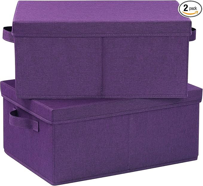HOONEX Storage Bins with Lids for Organizing, Pack of 2, Storage Boxes with 2 Carry Handles and Sturdy Heavy Cardboard, 16.5" L x 11.8" W x 7.5" H for Shoes, Books, Clothes, Nursery, Dark Purple