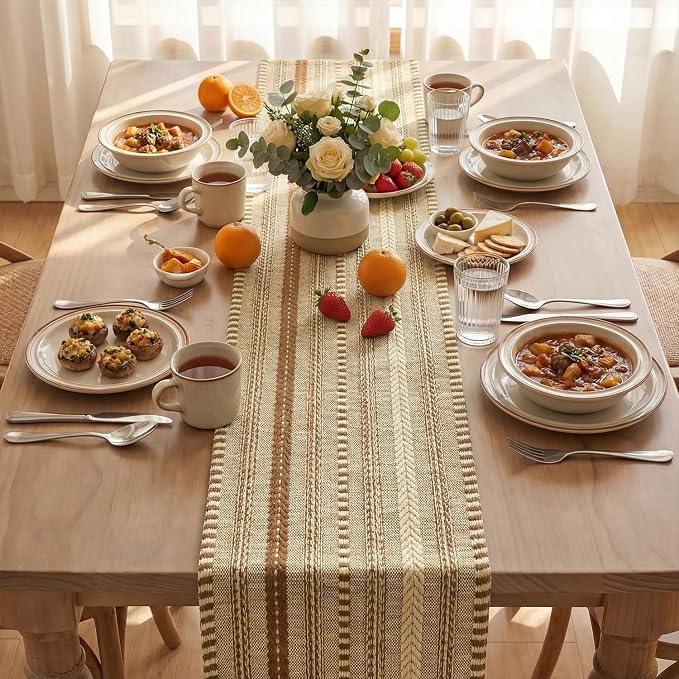 Artoid Mode Coffee Farmhouse Stripe Braided Table Runner 12x120 Inch | Holiday - Image 3