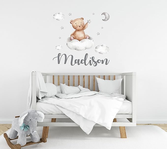 Custom Name Teddy Bear Nursery Wall Decal - Moon, Starts Clouds Watercolor Baby Room Decor for Boys & Girls - Teddy Bear Wall Stickers - Personalized Name Wall Sticker for Nursery playroom