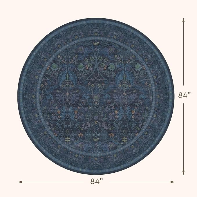 7ft Round Rug for Living Room, Dark Blue Oriental Floral Circle Area Rug - Image 2