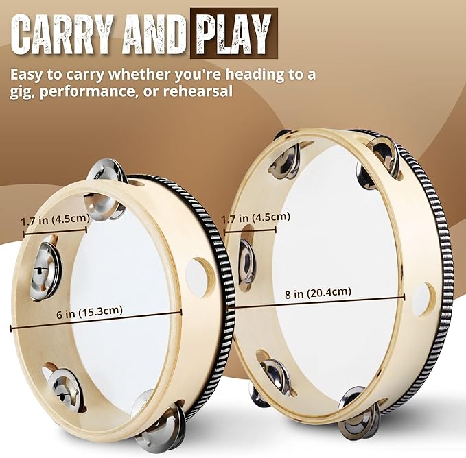 Flexzion Wood Handheld Tambourines - 8 and 6 Inch Set of 2 Pack, with Single Row Metal Jingle Bell (Wood) Hand Held Tambourine Percussion Drum Moon Musical Instrument