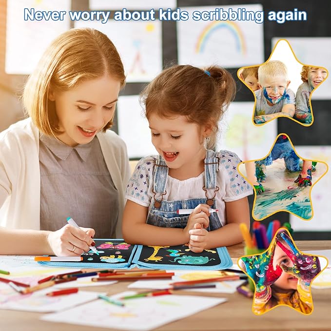 Erasable Doodle Set for Kids - Reusable Magic Drawing Book with 12 Watercolor Pens 14 Page Drawing, Road Trip Car Game Writing Painting Set for Boys and Girls (Bear)