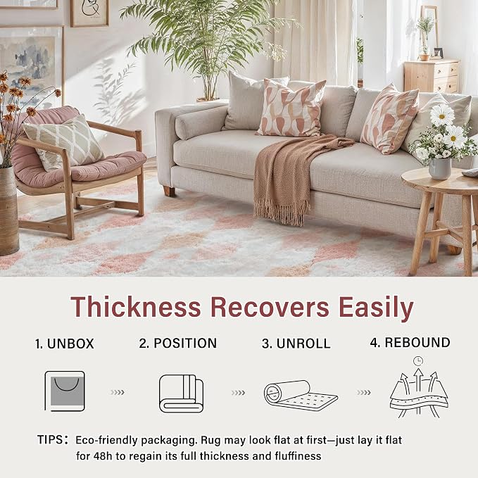 PureCozy Checkered Rug 8x10 Fluffy Shag Living Room Pink Area Rug Modern - Image 4