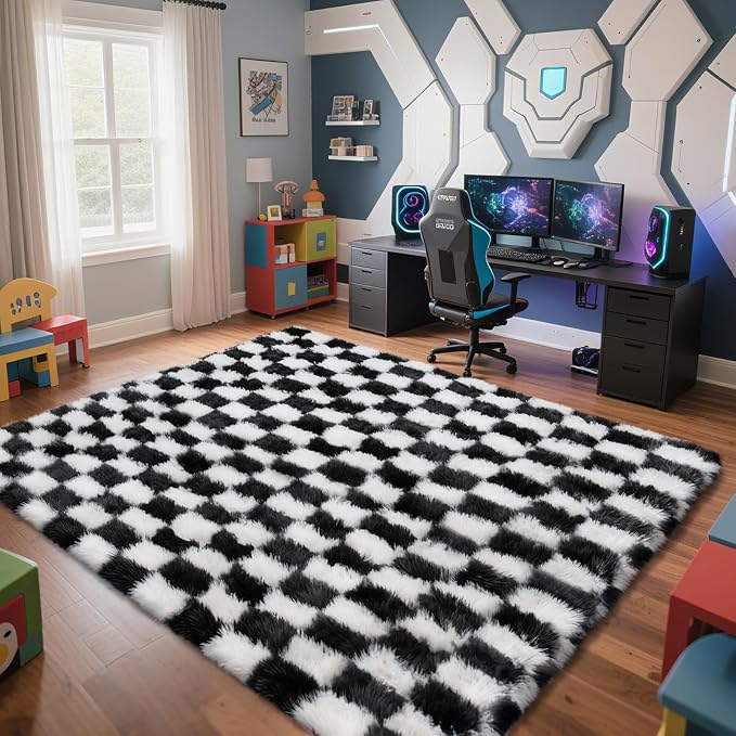 Checkered Rug for Living Room, 9x12 Black and White Area Rugs, Classic - Image 3