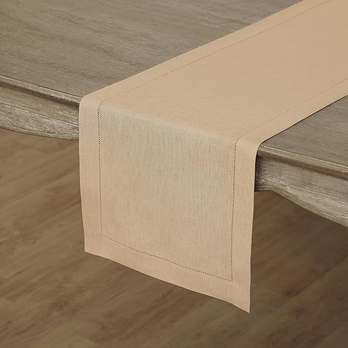 Solino Home 100% Linen Table Runner Beige, Classic Hemstitch 14 x 120 in | - Image 2