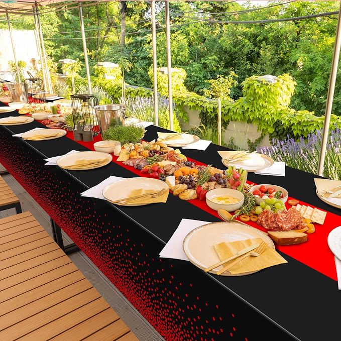 MASHAN 3Pcs Black and Red Tablecloth Party Decorations, Plastic Black Table - Image 7