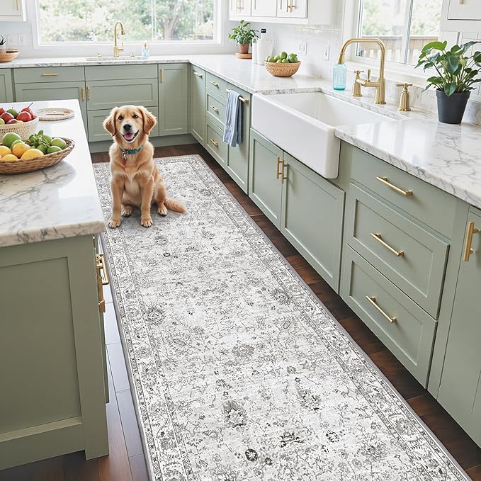 Floral Hallway Runner Grey Carpet Non-Slip, 2x10 Washable Rug Ultra-Thin Soft by WelcometoBabovid