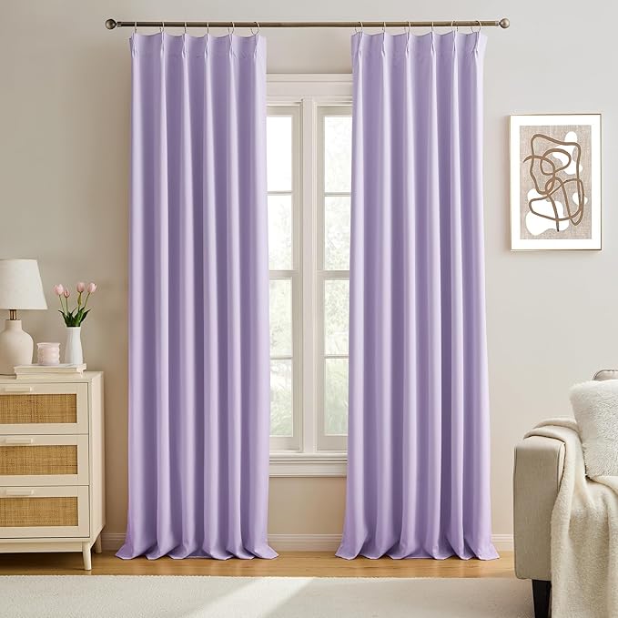 KEQIAOSUOCAI Custom Pleated Curtains Lilac Color, Heat Blocking Window Treatment for Bedroom Vertical Draft Blackout Blinds for Living Room 40 Wide by 90 Inch Long, 2 Panels, Lavender, Pinch Pleat