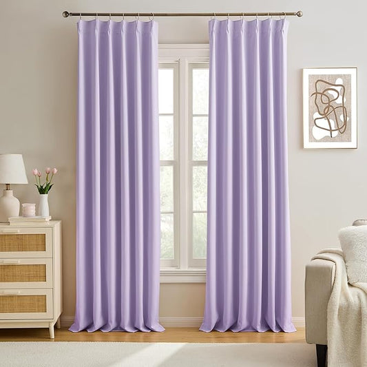 KEQIAOSUOCAI Custom Pleated Curtains Lilac Color, Heat Blocking Window Treatment for Bedroom Vertical Draft Blackout Blinds for Living Room 40 Wide by 90 Inch Long, 2 Panels, Lavender, Pinch Pleat