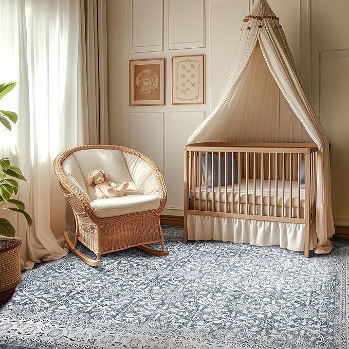 jinchan Floral 5x7 Area Rugs for Bedroom - Machine Washable Vintage Distressed Boho Design Throw Rug Stain Resistant Carpet Low-Pile Thin Non-Slip for Nursery Living Room Dining Room (5‘x7',Grey)