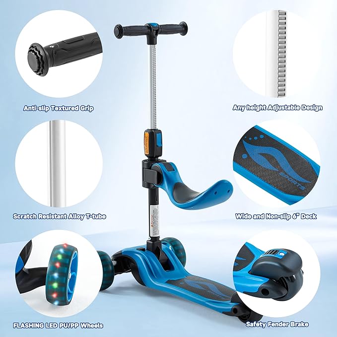 GLAMUP Kids Scooter, 2-in-1 Folding Kick Scooters, Adjustable Height, Safety Lock, 3 Wheel Kick Scooter for Boys and Girls Ages 3-14