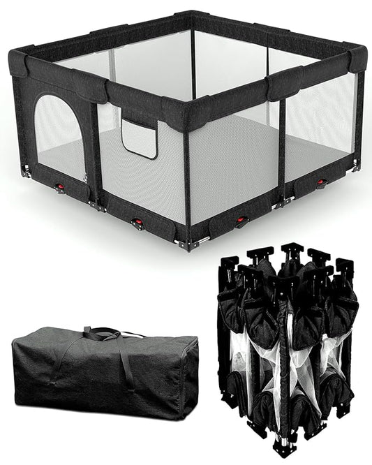 Foldable Baby Playpen with Non-Removable Thick Mat, Extra Large Collapsible Play Yard for Babies & Toddlers, Portable Travel Playpen with Gate, Safe Activity Center (51"×51" Black)