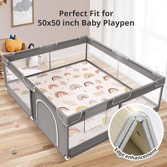 Foldable Baby Play Mat, PIGLOG 50x50 Playpen Mat, 0.6in Thick Waterproof Playmats for Babies and Toddlers Kids, Safe Foam Playmat for Tummy Time, Reversible Portable Baby Floor Mat for Infant, Rainbow