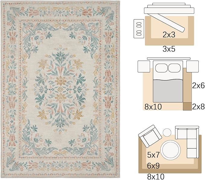 jinchan Vintage Floral Runner Rug 2x6 - Machine Washable Distressed Design Non-Slip Low-Pile Soft Thin Carpet for Hallway Kitchen Farmhouse Bedroom Entryway Laundry Room (2x6ft,Apricot Multi)