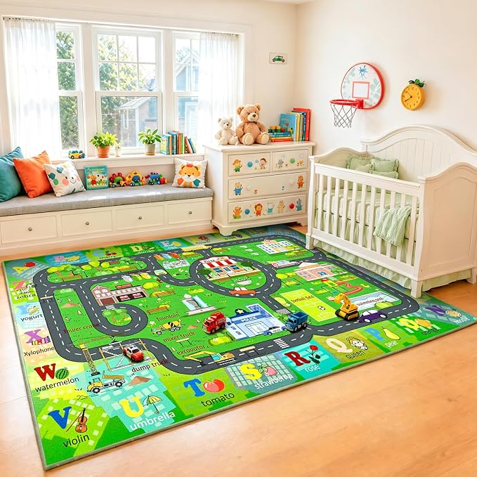 Chicrug 9x12 Car Road Area Rug for Kids Playroom Bedroom, Non Slip Low Pile - Image 5