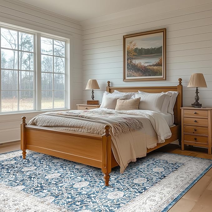 jinchan Floral 8x10 Area Rugs for Living Room Machine Washable Vintage Distressed Boho Design Throw Rug Stain Resistant Carpet Low-Pile Thin Non-Slip for Bedroom Dining Room Nursery (8‘x10',Dark Blue)