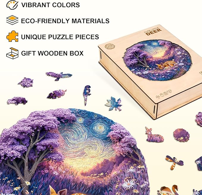 Jigfoxy Wooden Puzzles for Adults, Starry Night Fawn Wood Puzzles Adult, Unique Animal Shape Wooden Jigsaw Puzzles for Adults, Birthday Gifts for Puzzle Lovers, Family, Friend (S-8.5 * 8.5in-100pcs)