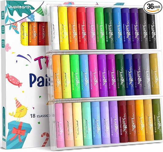 Paint Sticks for Kids 36 Colors, Quick Drying, Smooth, Non-Toxic and Washable Solid Tempera Paint Sticks with 120 PDF Coloring Pages and 30 Stickers, Toddler Art Supplies for Drawing