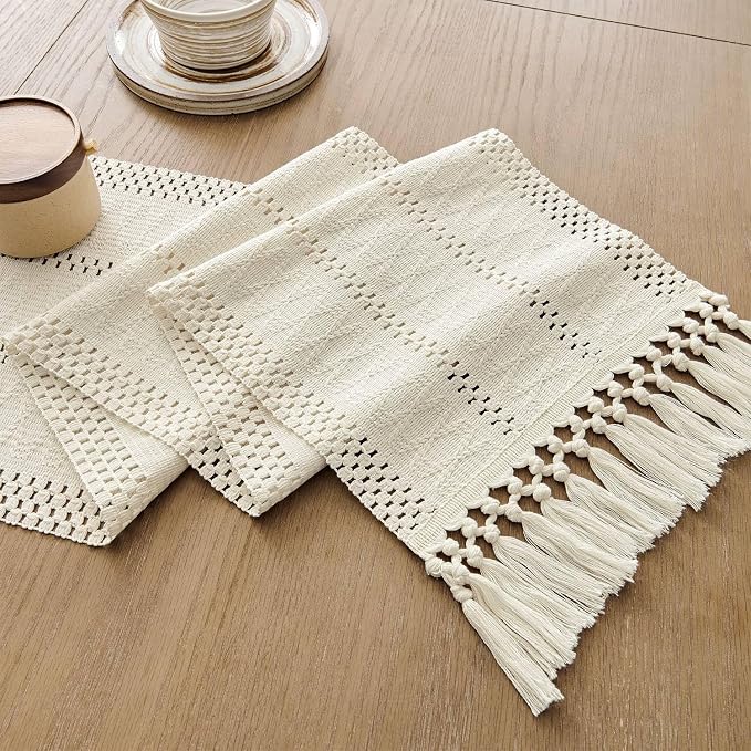Macrame Style Boho Table Runner, 12x72 Inch Ivory | Woven Boho Table Runner - Image 7