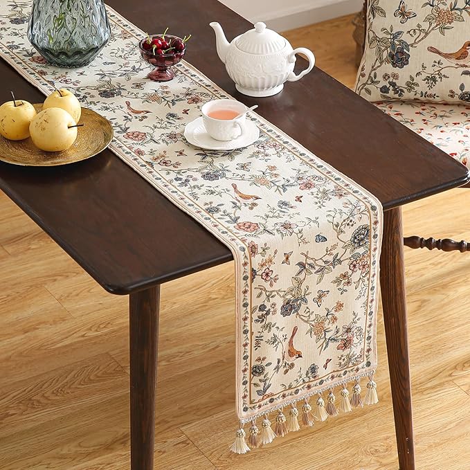Designer French Linen Long Table Runner, Floral Bird Pattern, Dining Table - Image 2