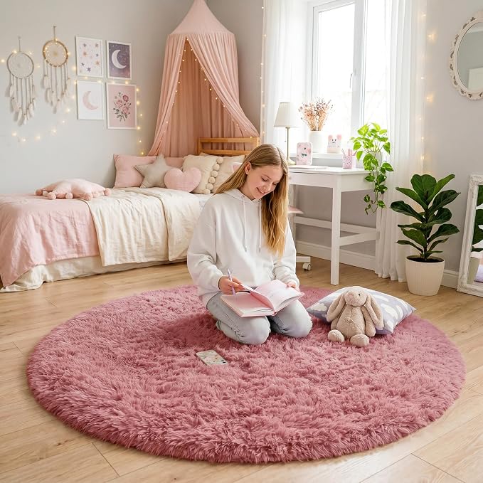 Blush Pink Big Round Rug 8Ft for Kids Bedroom, Large Fluffy Fuzzy Furry Circle - Image 3