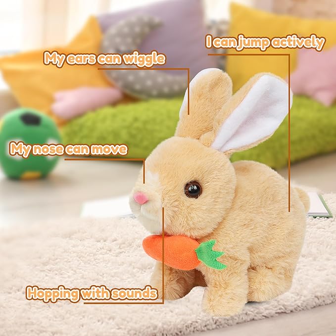 Easfan Easter Hopping Bunny Plush with Carrot Jumping Spotted Rabbit Ears Nose Moving Educational Plush Toy Interactive Toy Electric Birthday Gift for Toddlers Kids,7"