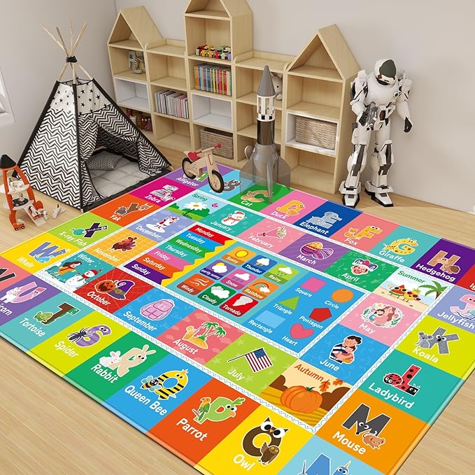 Kids Rug for Playroom, Kids Baby Playmat with Alphabet, Month, Weather, Week and Shapes ABC Educational Rug, Play Mat Carpet for Bedroom Classroom (110.2X78.7 INCH, Weather)