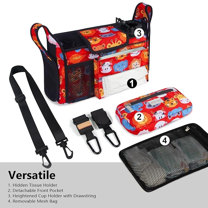 TOPDesign Universal Baby Stroller Organizer, Stroller Caddy with Detachable Mesh Bag & Heightened Insulated Cup Holders & Non-Slip Secure Hooks Accessories, Fits Most Strollers (Zoo 3)