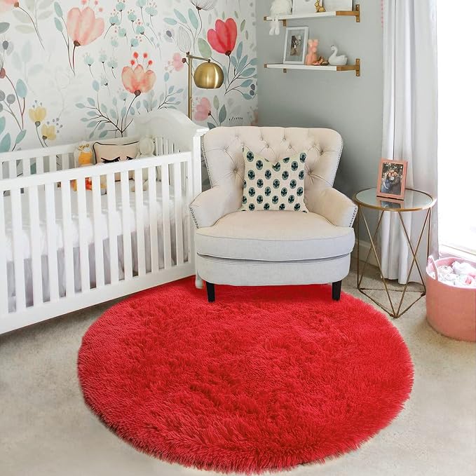 Amdrebio Red Round Rug 5Ft for Boys Bedroom, Fluffy Fuzzy Circle Area Rugs for - Image 8