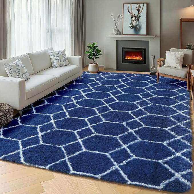 ONASAR Large 8x10 Area Rugs for Living Room, Fluffy Geometric Navy and White - Image 6