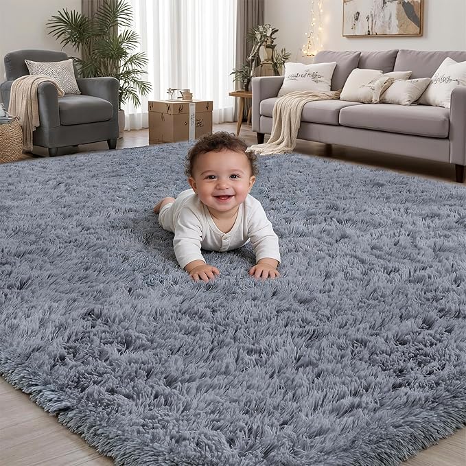 Area Rug for Living Room Bedroom: 6x9 Grey Soft Fluffy Shag Upgrade Non-Slip by PLHXFRSoftAreaRugs