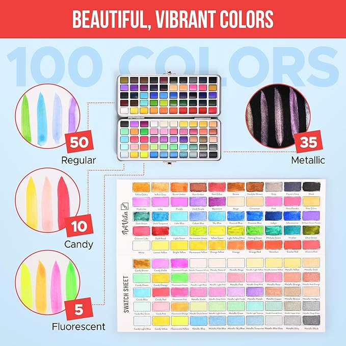 Premium Watercolor Paint Set Bundle with 100 Bright Colors & Paper Pad for Beginners & Professional – Painting Kit & Art Supplies for Adults – Travel Watercolor Set with Metallic Watercolor Paints