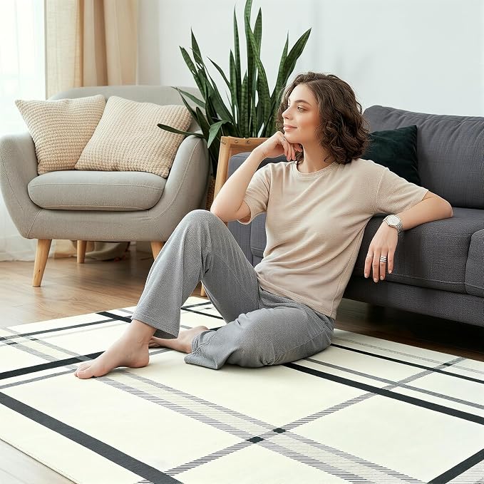 Terrug Plaid Area Rug for Living Room, Soft Low Pile Stain Resistance Abstract - Image 4