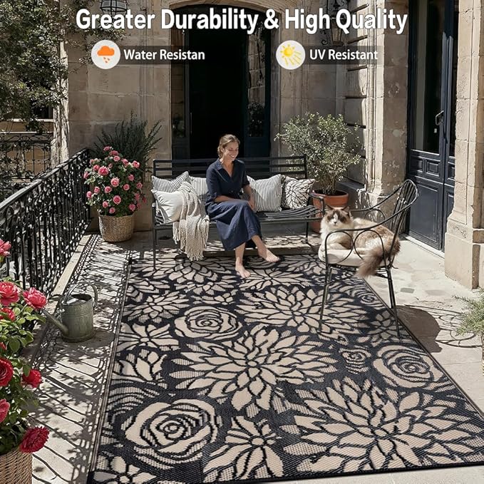Outdoor Plastic Straw Rug Waterproof Patio 8x10 Black Brown Floral Mat - Image 6