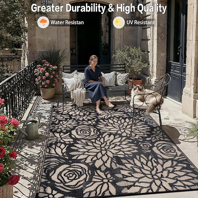 Outdoor Plastic Straw Rug Waterproof Patio 9x12 Black Brown Floral Mat - Image 6