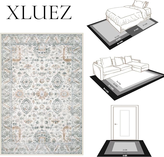 XLUEZ Area Rug 10x12 Living Room Rugs, Machine Washable Vintage Distressed Boho - Image 8