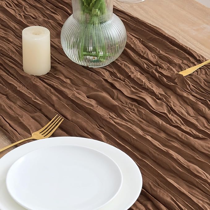 Asee'm 6pcs Brown Coffee Cheesecloth Table Runner 10FT Boho Rustic Fall | Sheer - Image 3