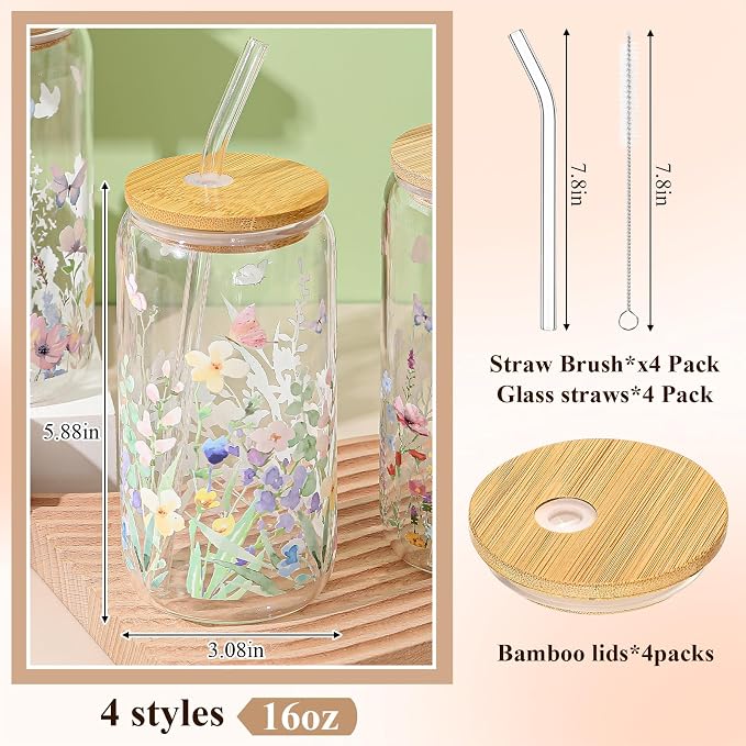 Mumufy 4 Pack Wildflower Glass Cups Gift Aesthetic Cute Glass Cup Tumbler - Image 2