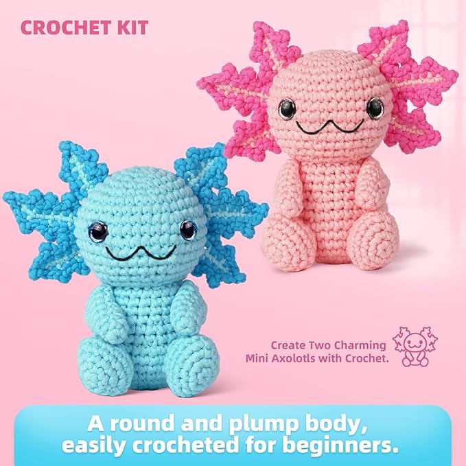 Crochet Kit for Beginners, Crochet Animal Kits,Crocheting Kit for Starters with Step-by-Step Video Tutorials, Beginner Crochet Kits for Adults (2Pack Axolotl)