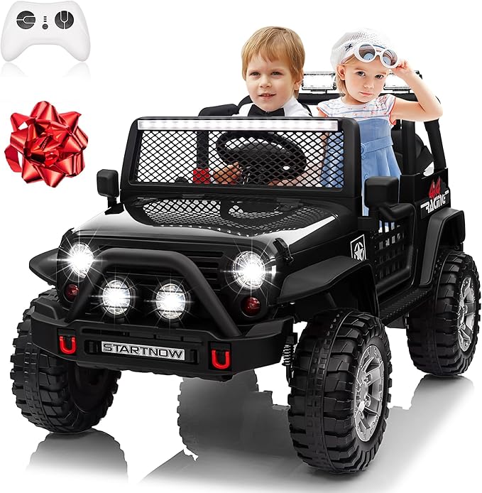 24V 4WD Ride on Truck Car w/800W Motors, Gift Flower, Remote Control, 2 Seaters, Light Bar, 3 Speeds, Pop Music, Power Four Wheels, 24 Volt Ride on Toy Car for Big Kids, Black