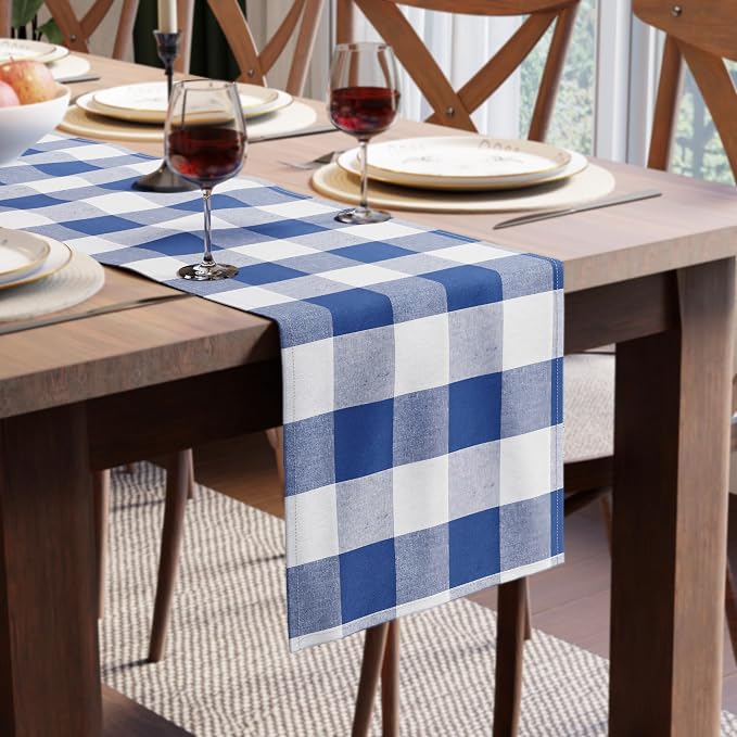 Encasa XO Table Runner, Woven Cotton Dining Runner 13"x104" Buffalo Blue Checks by EncasaXO