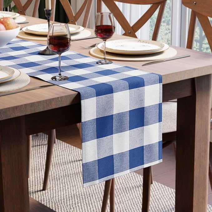Encasa XO Table Runner, Woven Cotton Dining Runner 13"x59" Buffalo Blue Checks by EncasaXO