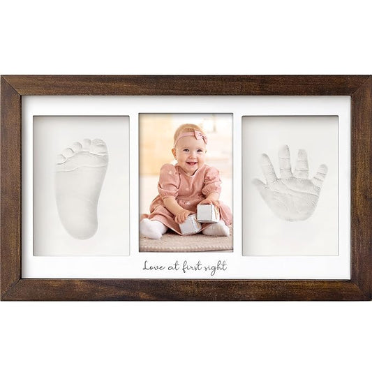 Baby Hand and Footprint Kit - Clay Handprint Keepsake Frame, Newborn Nursery Picture Frame, Personalized New Mom Gifts for Baby Shower & Registry (Dark Walnut)