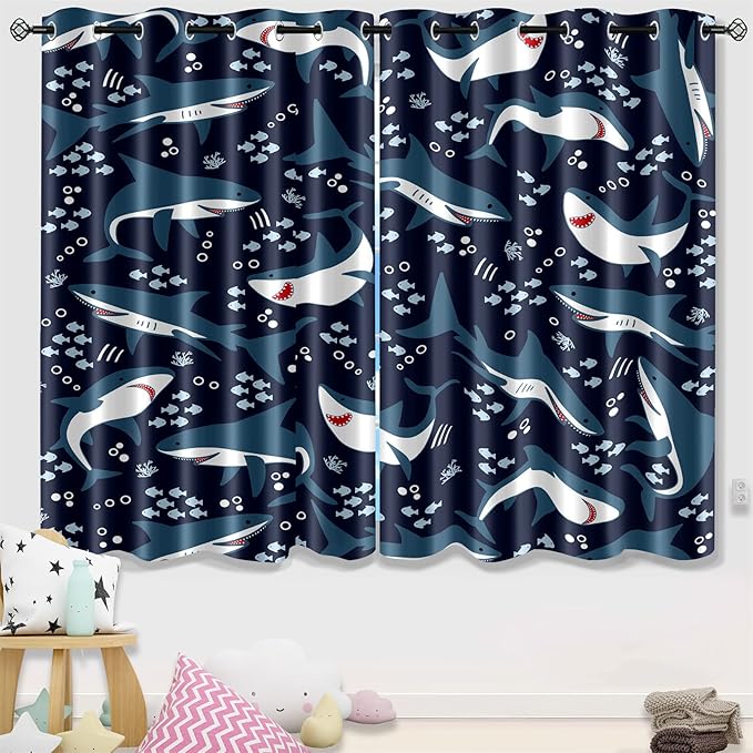 Shark Blackout Curtains 2 Panels 63" Inch Drapes Boys Curtains for Bedroom Cute Ocean Life Themed Grommet Top Thermal Insulated Boys Room Curtains for Nursery, Navy Blue, 82" x 63"